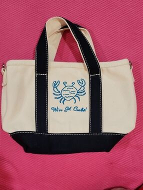 NWOT Lands' End Small 3 Pocket Natural/Navy Open Top Canvas Tote Bag